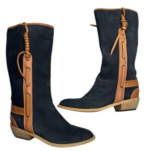 Mootsies Tootsies Navy Suede and Tan Leather Mid-Calf Heeled Boots